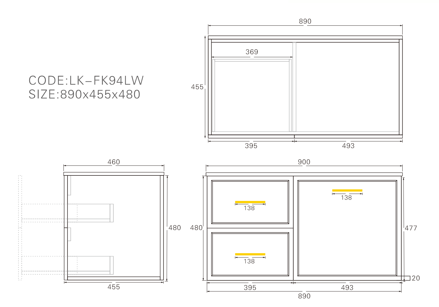 900mm  Kingsley Federation Fluted Wall Hung PVC  Left Drawer Cabinet - Olive Green - Cabinet Only