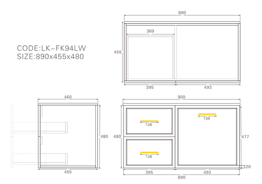 900mm  Kingsley Federation Fluted Wall Hung PVC  Left Drawer Cabinet - Matt White - Cabinet Only