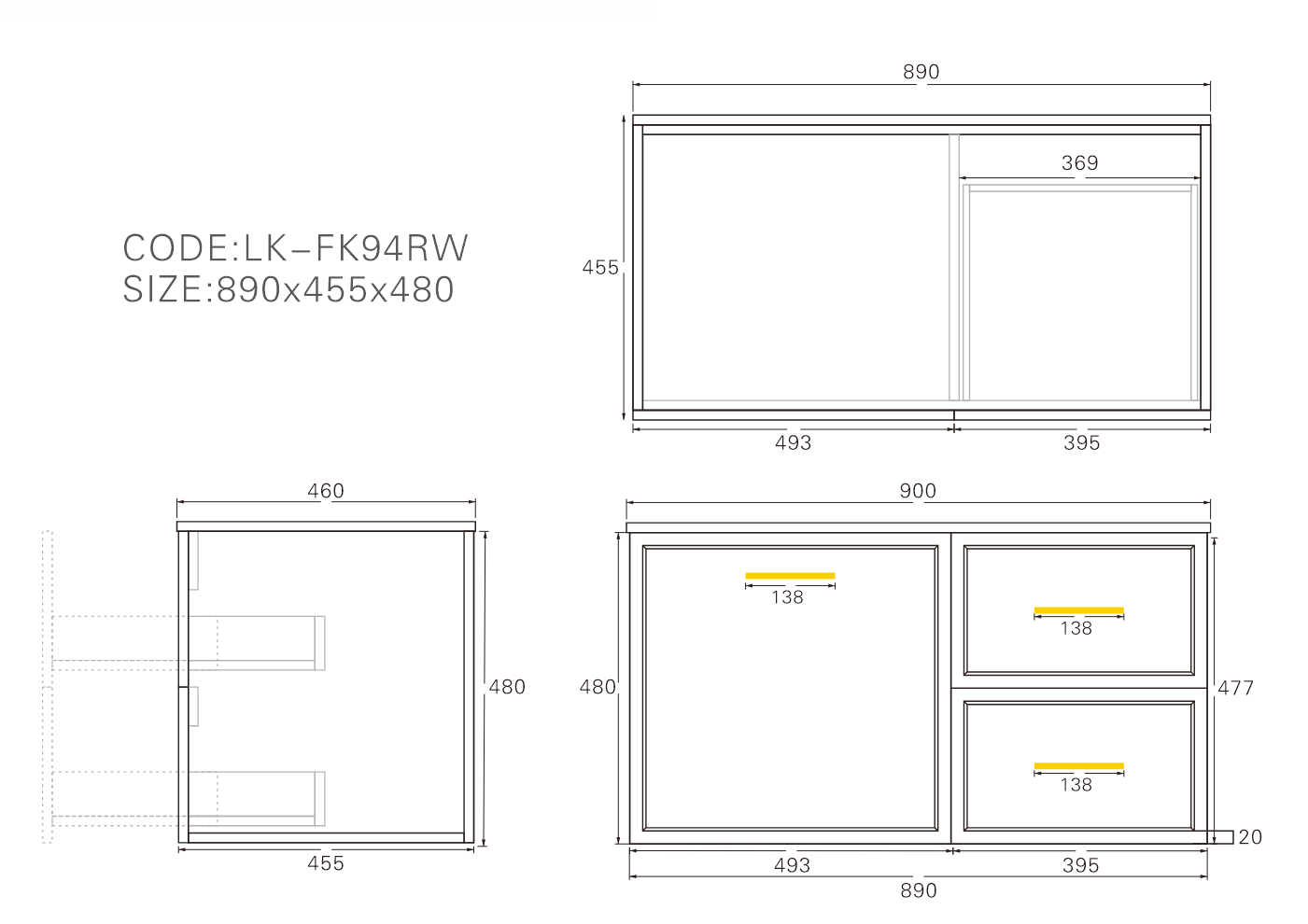 900mm  Kingsley Federation Fluted Wall Hung PVC Right Drawer Cabinet - Matt Black - Cabinet Only