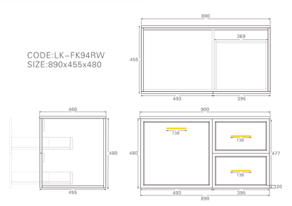 900mm  Kingsley Federation Fluted Wall Hung PVC Right Drawer Cabinet - Matt Black - Cabinet Only