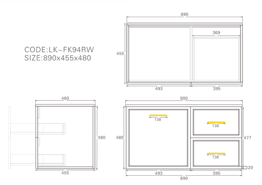 900mm  Kingsley Federation Fluted Wall Hung PVC Right Drawer Cabinet - Matt White - Cabinet Only