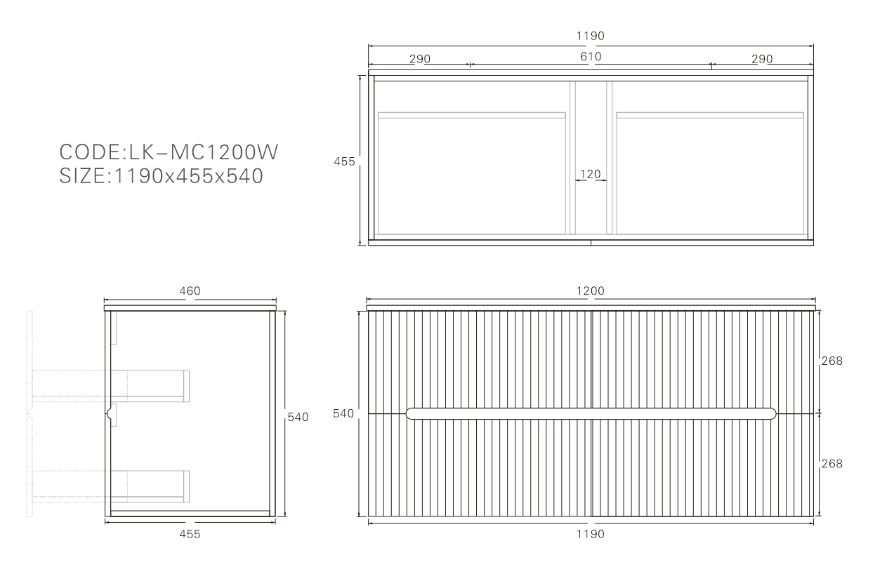 1200mm  Cabarita Fluted Wall Hung PVC Single Bowl Cabinet - Matt Black - Cabinet Only