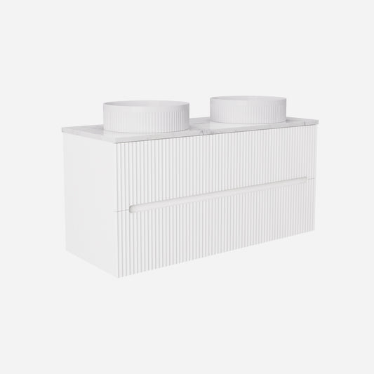 1200mm  Cabarita Fluted Wall Hung PVC Double  Bowl Cabinet - Matt White - Cabinet Only