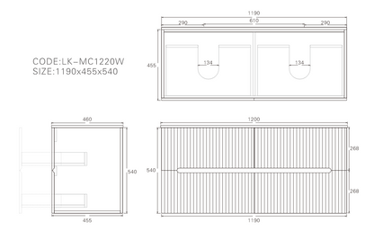 1200mm  Cabarita Fluted Wall Hung PVC Double  Bowl Cabinet - Matt Black - Cabinet Only