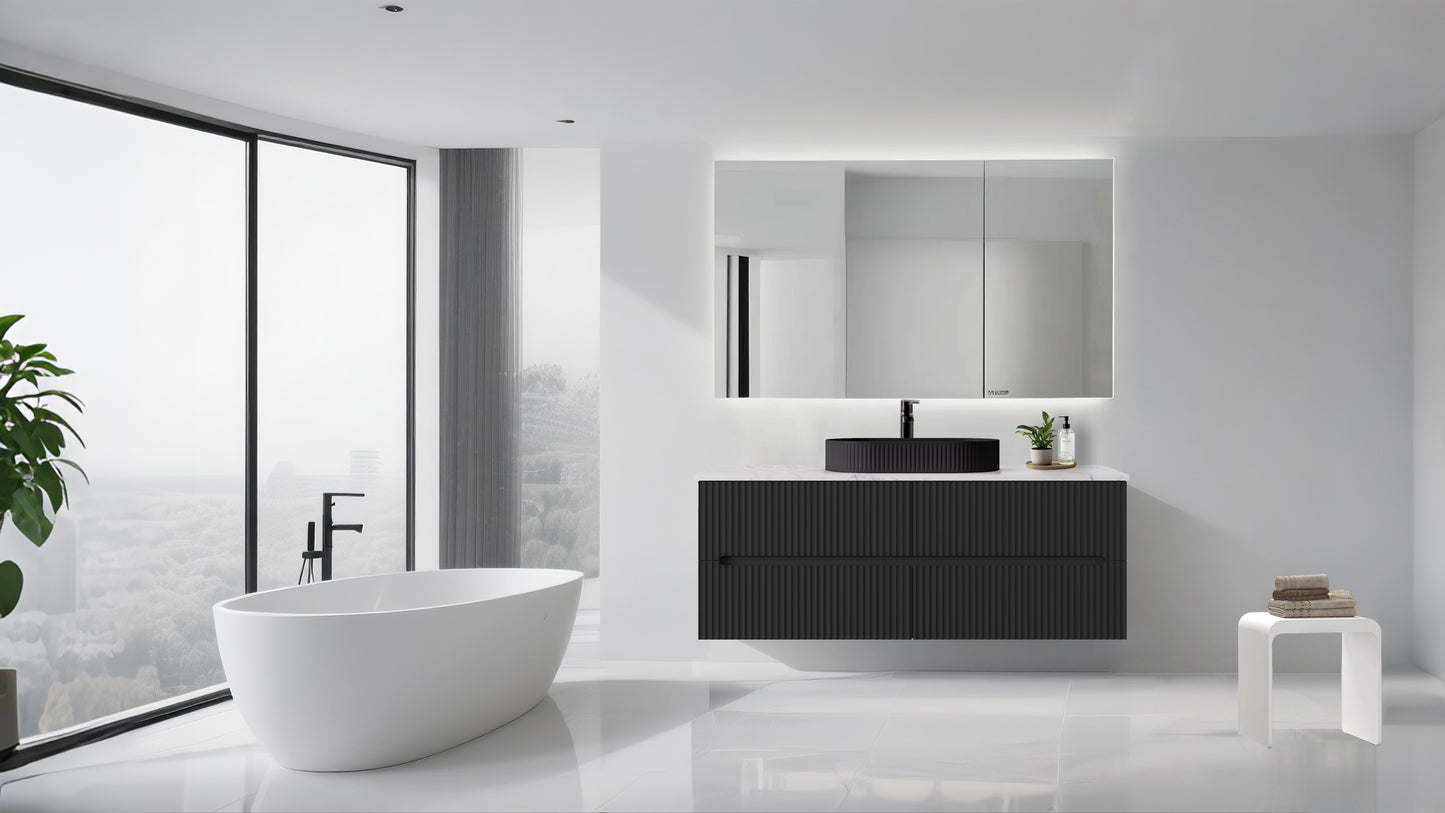 1500mm  Cabarita Fluted Wall Hung PVC Single Bowl Cabinet - Matt Black - Cabinet Only