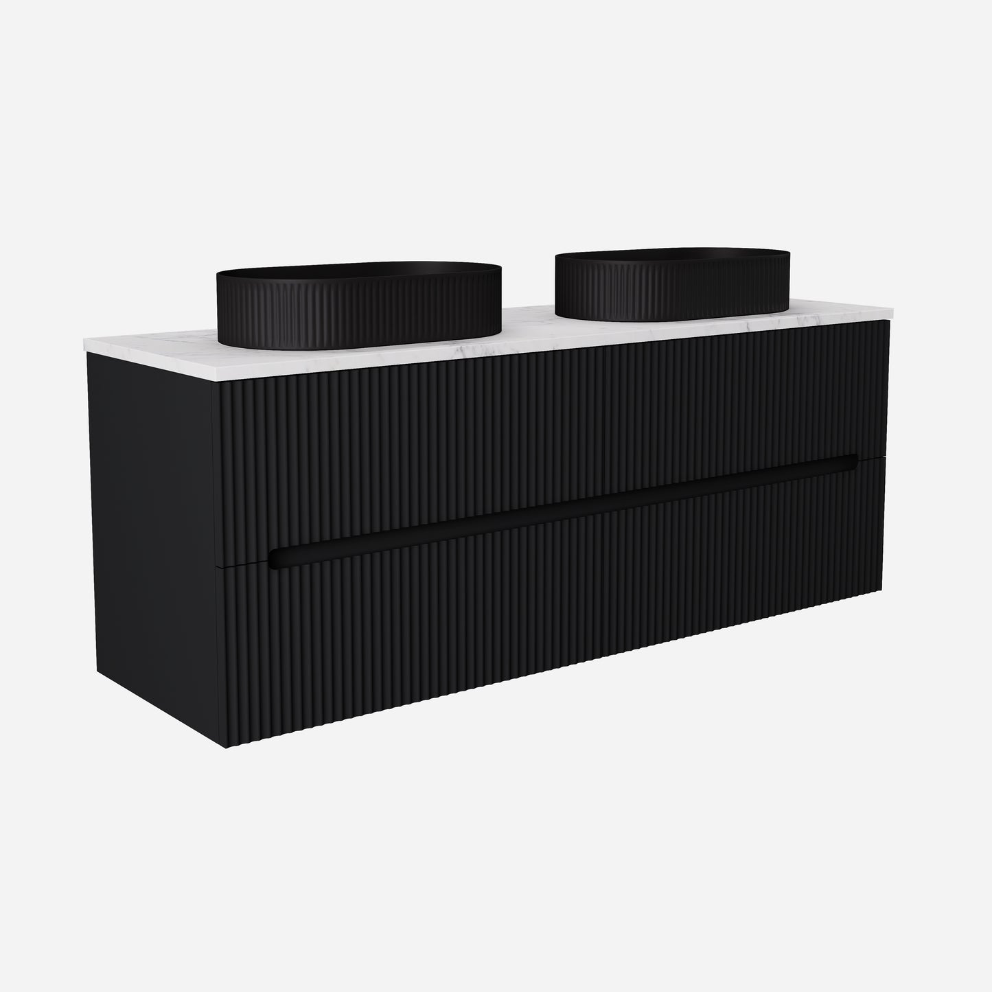 1500mm  Cabarita Fluted Wall Hung PVC Double Bowl Cabinet - Matt Black - Cabinet Only