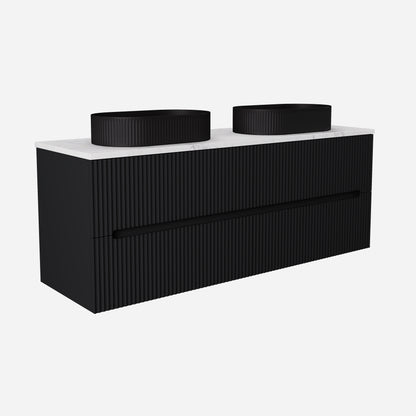 1500mm  Cabarita Fluted Wall Hung PVC Double Bowl Cabinet - Matt Black - Cabinet Only