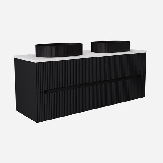 1500mm  Cabarita Fluted Wall Hung PVC Double Bowl Cabinet - Matt Black - Cabinet Only