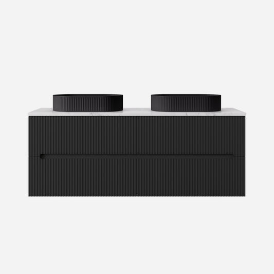1500mm  Cabarita Fluted Wall Hung PVC Double Bowl Cabinet - Matt Black - Cabinet Only