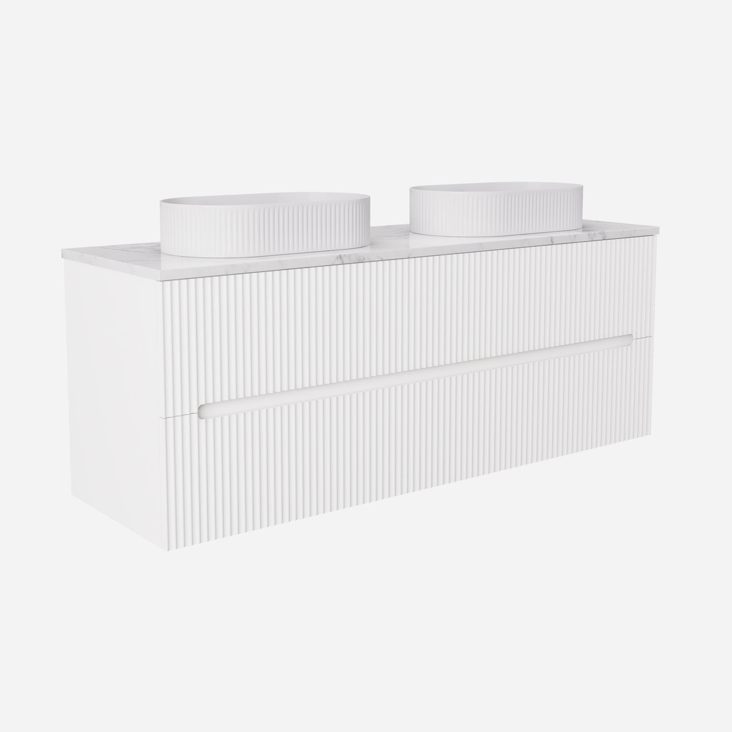 1500mm  Cabarita Fluted Wall Hung PVC Double Bowl Cabinet - Matt White - Cabinet Only