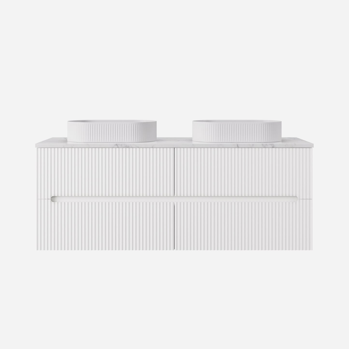 1500mm  Cabarita Fluted Wall Hung PVC Double Bowl Cabinet - Matt White - Cabinet Only