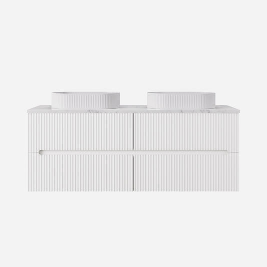 1500mm  Cabarita Fluted Wall Hung PVC Double Bowl Cabinet - Matt White - Cabinet Only