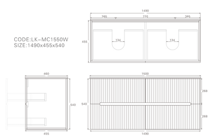 1500mm  Cabarita Fluted Wall Hung PVC Double Bowl Cabinet - Matt White - Cabinet Only