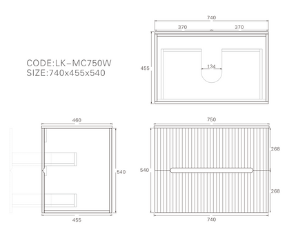 750mm  Cabarita Fluted Wall Hung PVC Cabinet - Matt Black - Cabinet Only