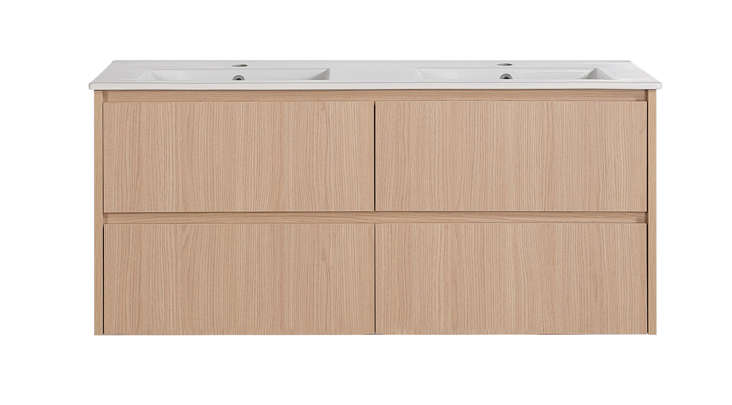 1200mm Gladstone Wall Hung PlywoodDouble Bowl Cabinet - Sandy Oak Woodmatt - Cabinet Only