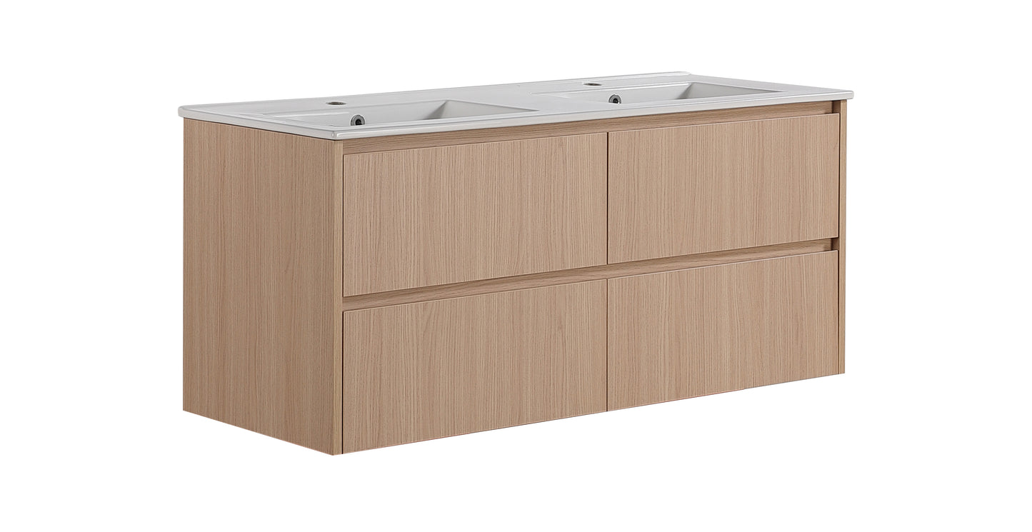 1200mm Gladstone Wall Hung PlywoodDouble Bowl Cabinet - Sandy Oak Woodmatt - Cabinet Only