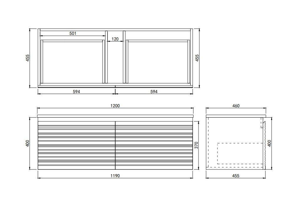1200mm  Sedona Fluted Wall Hung PVC Single or Double  Bowl Cabinet - Matt Black - Cabinet Only