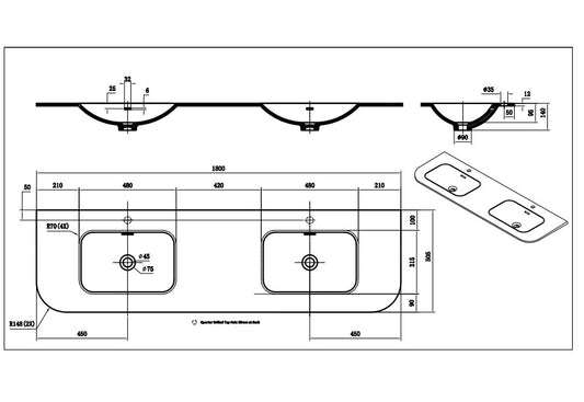 1800mm Aruro Solid Surface Stone Basin FOR  -12 O'clock taphole positioned at the back -Waste: 32mm overflow, -Matte Black