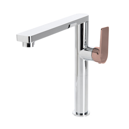 The GABE Leva Sink Mixer - Chrome with Rose Gold Handle