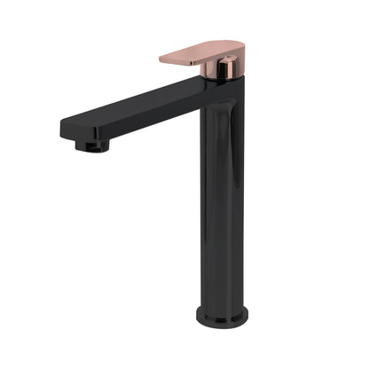 The GABE Leva High Rise Basin Mixer - Matte Black with Rose Gold handle