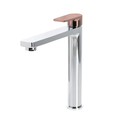 The GABE Leva High Rise Basin Mixer - Chrome with Rose Gold Handle