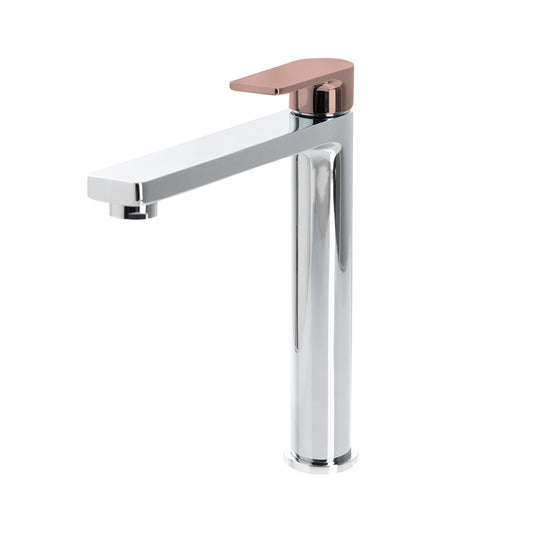 The GABE Leva High Rise Basin Mixer - Chrome with Rose Gold Handle