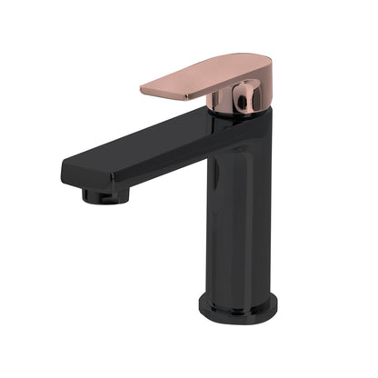 The GABE Leva Basin Mixer - Matte Black with Rose Gold handle