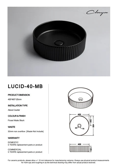 400*400*125mm Matte Black with Fluted Design Above Counter Basin