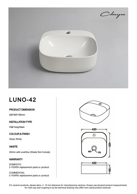 420*420*155mm Gloss White Wall Hung Basin (1 Tap Hole)