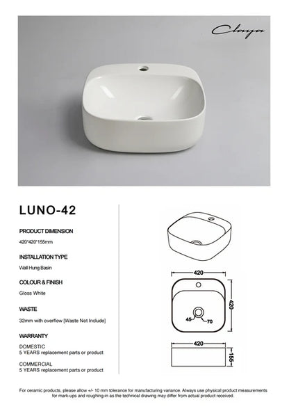 420*420*155mm Gloss White Wall Hung Basin (1 Tap Hole)