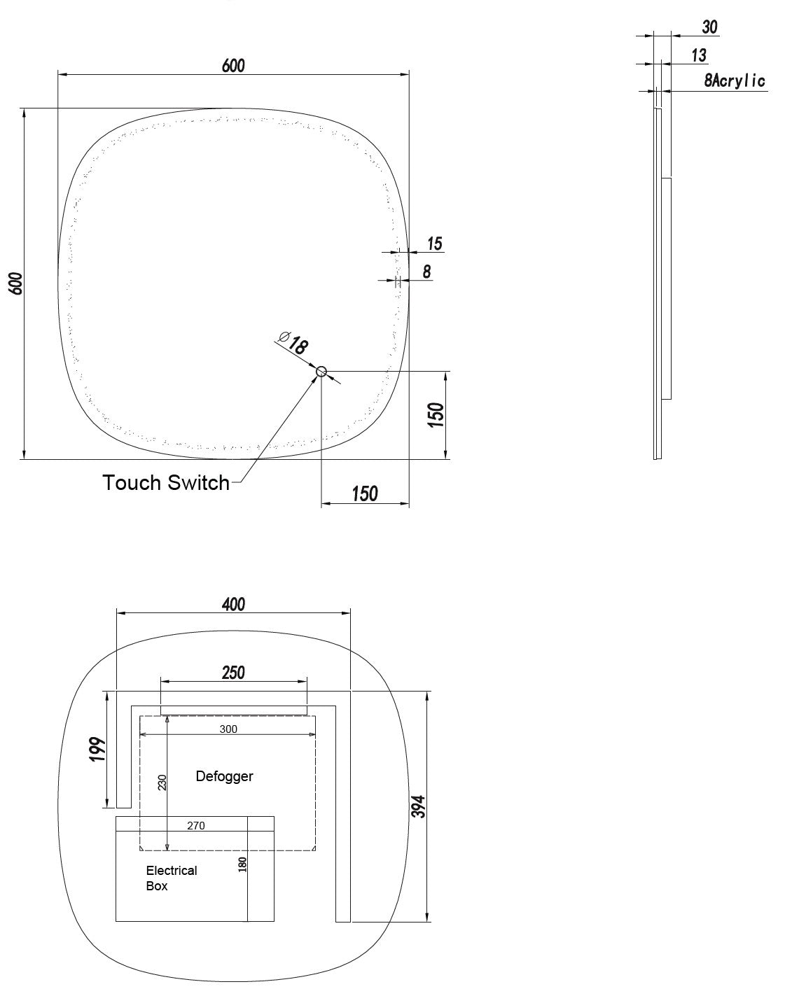 LEXSI LED Frameless Mirror - 600x600mm **Discontinued/Clearance Stock No Exchange or Refund