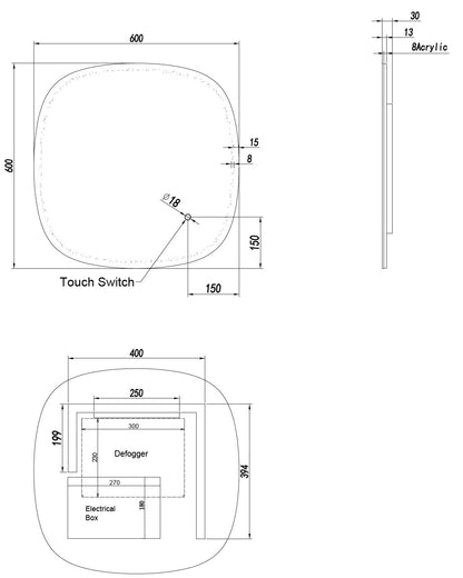 LEXSI LED Frameless Mirror - 600x600mm **Discontinued/Clearance Stock No Exchange or Refund
