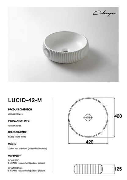 420*420*125mm Matte White with Fluted Design Above Counter Basin