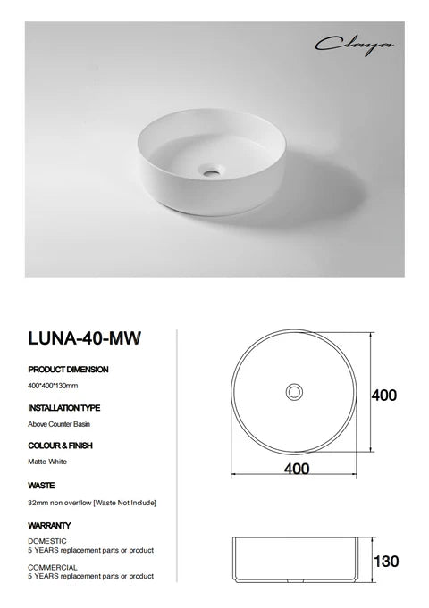 405*405*130mm Matte White Above Counter Basin
