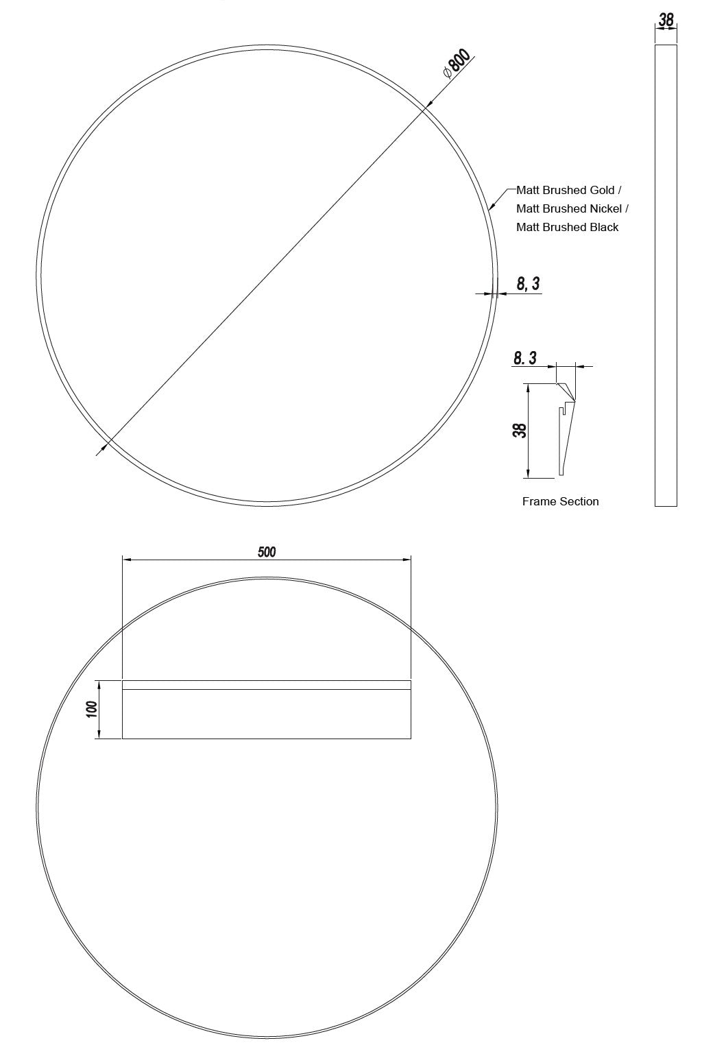 Brushed Nickel Framed Round Mirror -   800x800mm