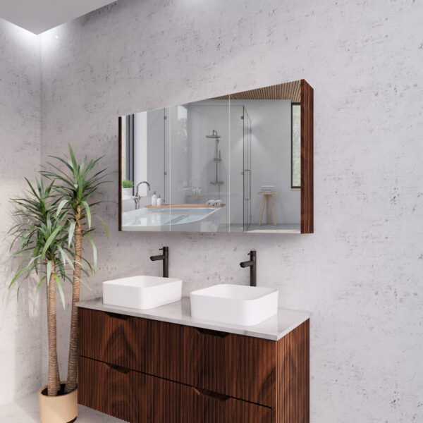 1200mm Brown Oak Fluted Shaving Cabinet -W1200xH720xD150