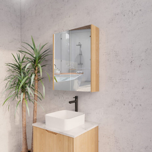 600mm American Oak Fluted Shaving Cabinet -W600xH720xD150