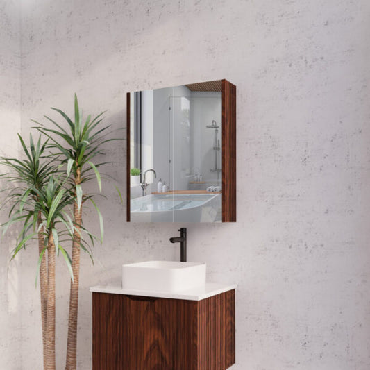 600mm Brown Oak Fluted Shaving Cabinet -W600xH720xD150