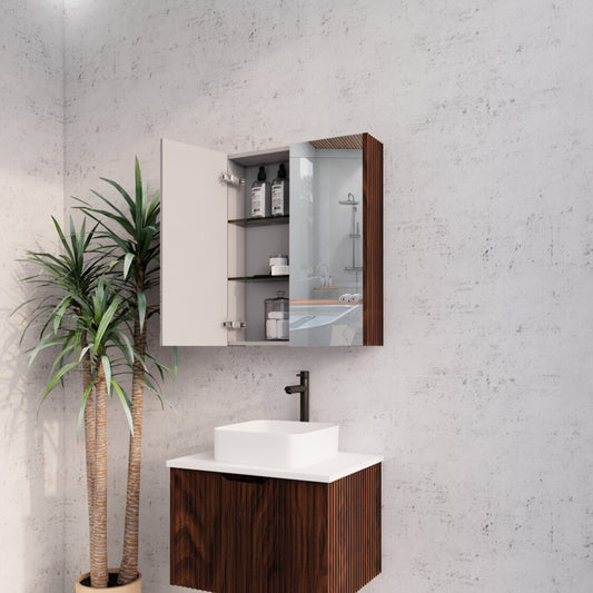 600mm Brown Oak Fluted Shaving Cabinet -W600xH720xD150