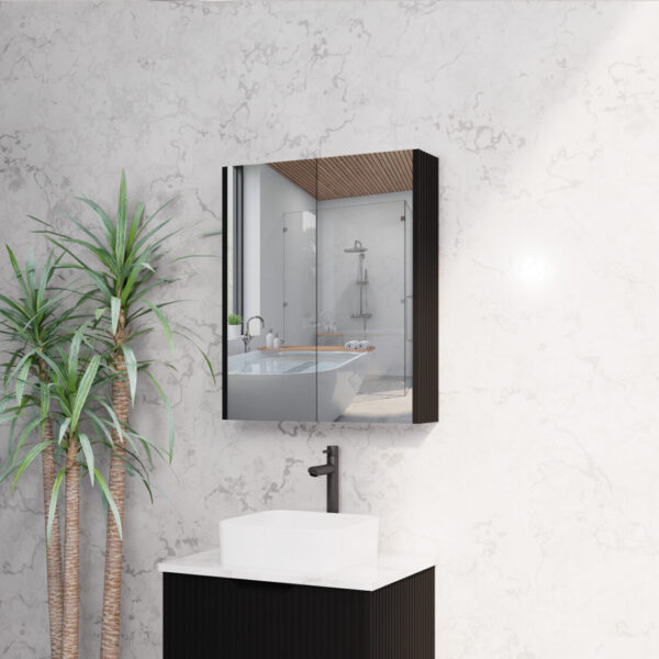 600mm Matt Black Fluted Shaving Cabinet -W600xH720xD150