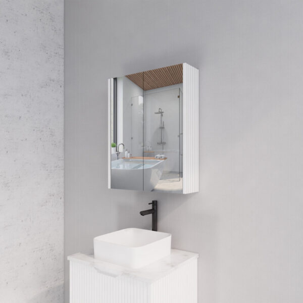 600mm Matt White Fluted Shaving Cabinet -W600xH720xD150