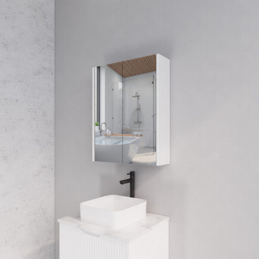 600mm Matt White Fluted Shaving Cabinet -W600xH720xD150
