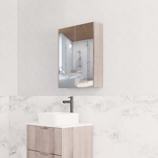 600mm White Oak Fluted Shaving Cabinet -W600xH720xD150