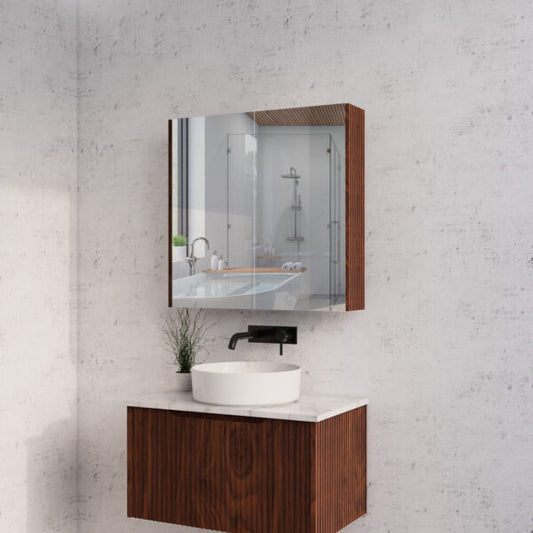 750mm Brown Oak Fluted Shaving Cabinet -W750xH720xD150