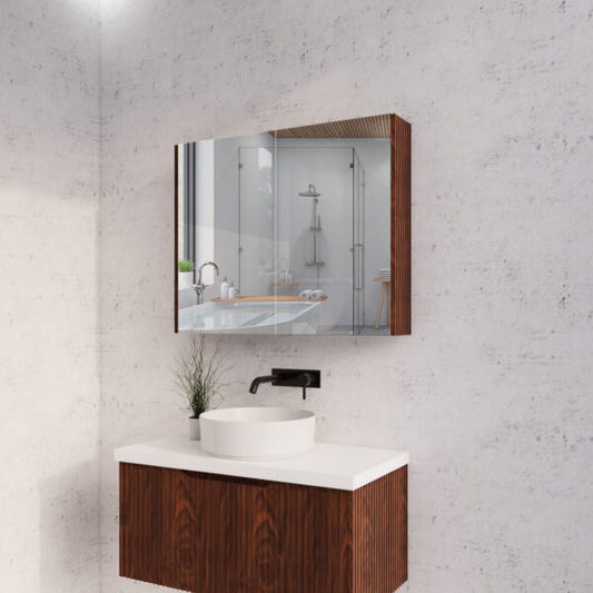 900mm Brown Oak Fluted Shaving Cabinet -W900xH720xD150