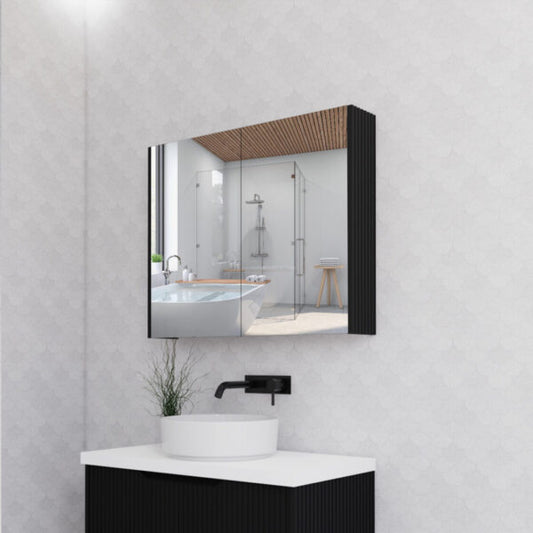 900mm Matt Black Fluted Shaving Cabinet -W900xH720xD150