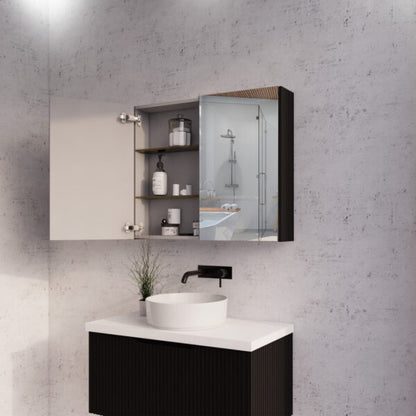 900mm Matt Black Fluted Shaving Cabinet -W900xH720xD150