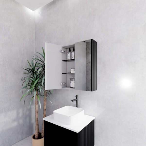 600mm Matt Black Fluted Shaving Cabinet -W600xH720xD150