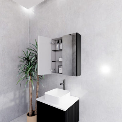 600mm Matt Black Fluted Shaving Cabinet -W600xH720xD150