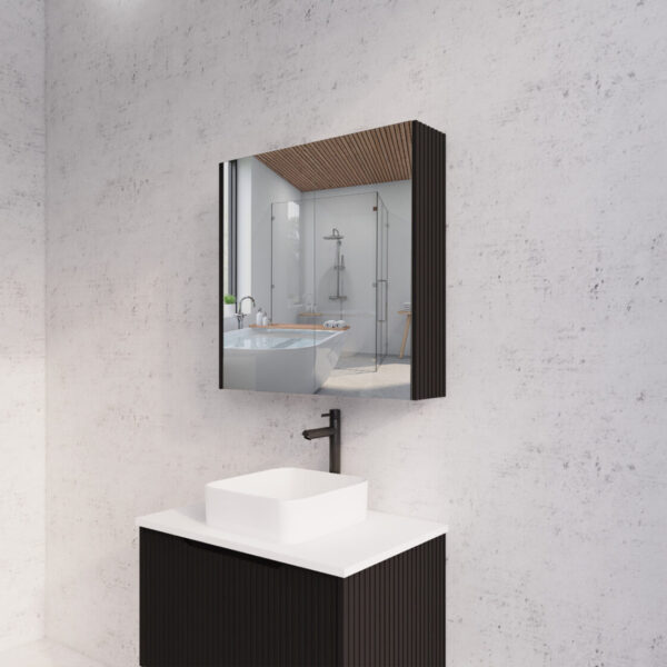 750mm Matt Black Fluted Shaving Cabinet -W750xH720xD150